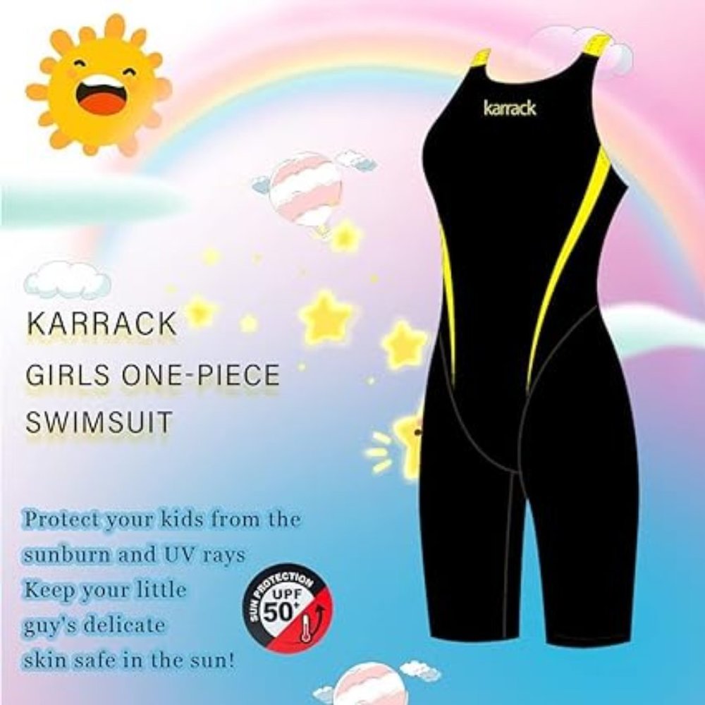 Karrack - Girls Swimming Suit Sports Conjoined  - Large Black/Yellow (1 piece)